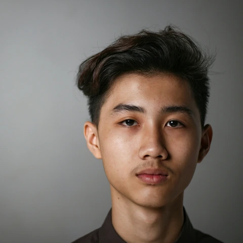 Close-up headshot against a plain grey background: swept dark hair, neutral expression, direct eye contact, and soft side lighting.